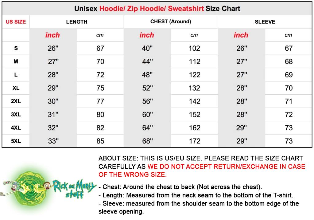Rick And Morty Hoodie Size Chart
