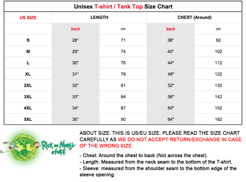 Rick And Morty T-shirt And Tank Top Size Chart