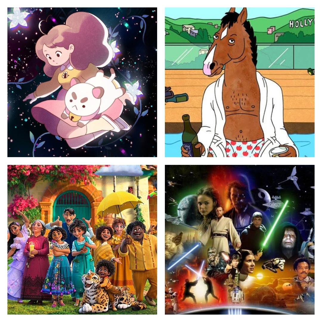 Four Animated TV Series and Films You Should Not Miss: BoJack Horseman, Star Wars, Encanto, and A Journey through Bee and Puppycat."